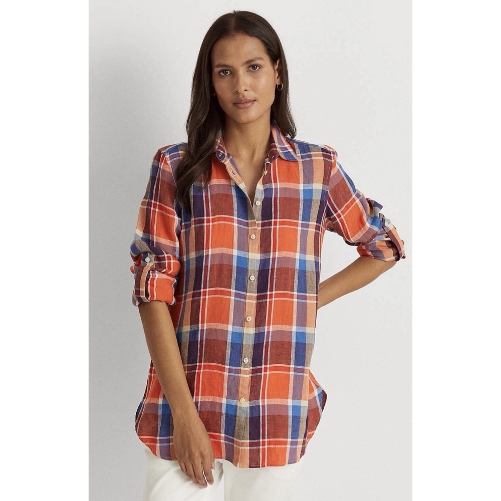 Lauren Ralph Lauren Women's Linen Plaid Button Up Shirt XS Roll Tab Sleeves EUC